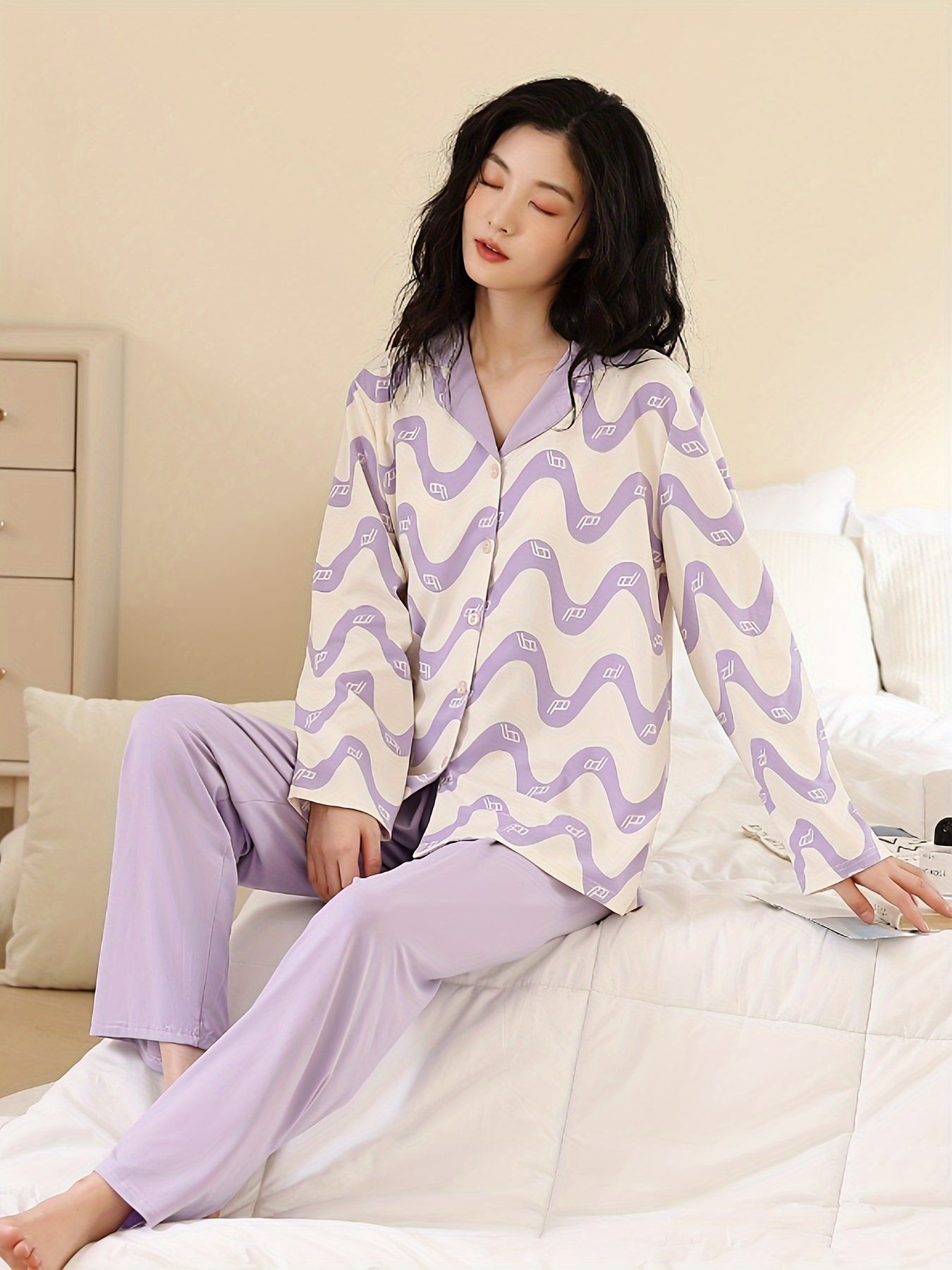Wave Stripe Print Pajama Set Long Sleeve Button Up Top & Lounge Pants