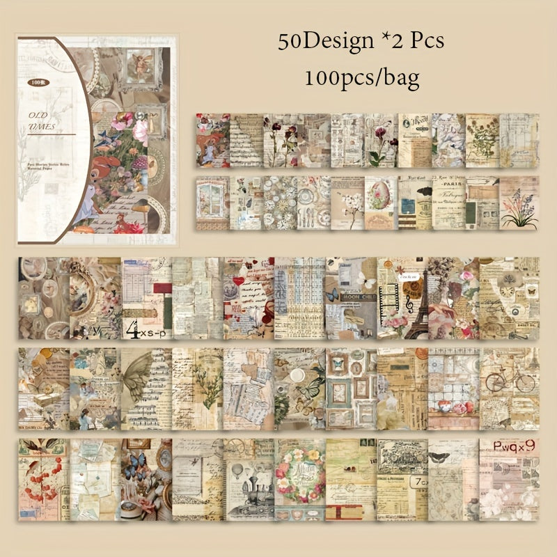 100pcs Vintage Story Series Floral & Botanical DIY Scrapbooking Kits