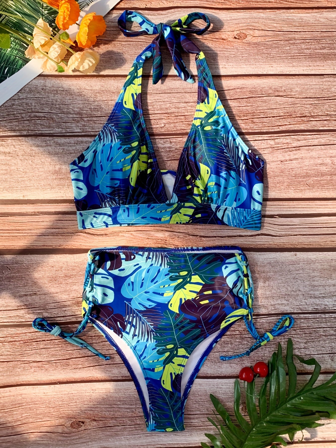 Leaf Print Halter Neck Bikini Set V Neck High Cut Tie Side Cut Out Swimsuit