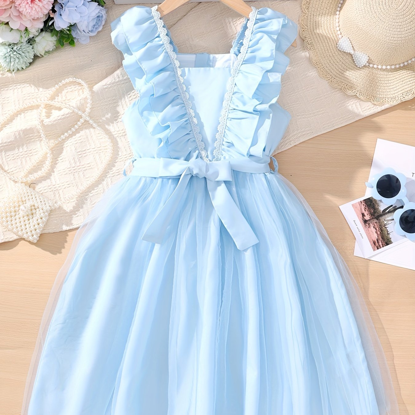 Girls' Square Neck Ruffle Sleeveless Tunic Dress For Casual Daily