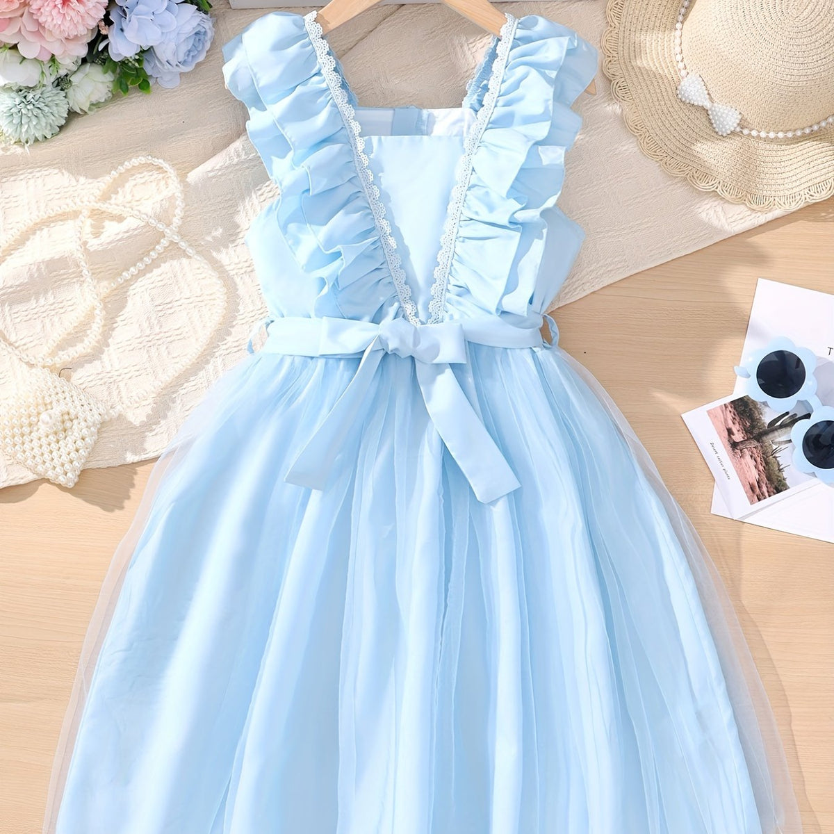Girls' Square Neck Ruffle Sleeveless Tunic Dress For Casual Daily