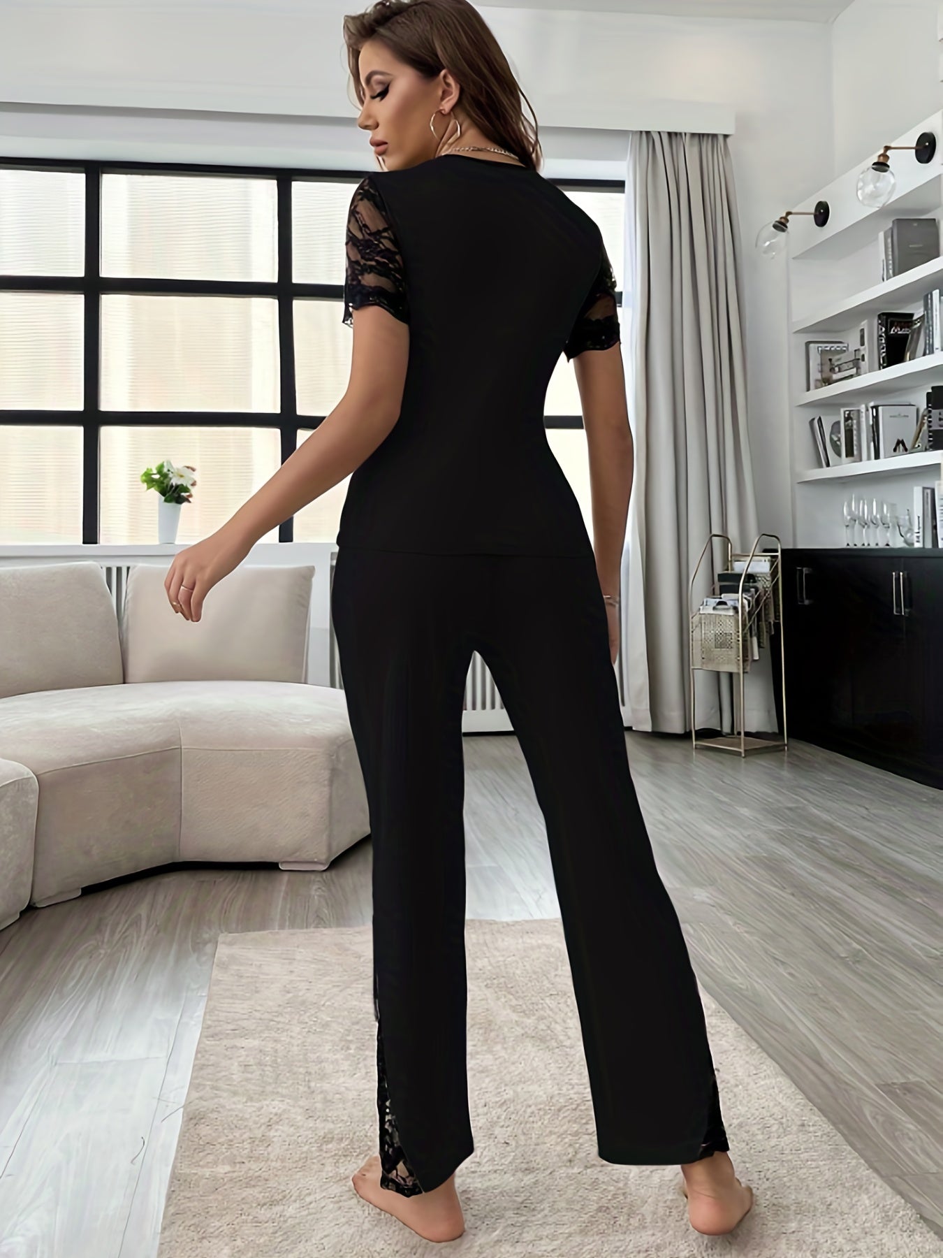 Lace Lounge Set V Neck Top & Elastic Waistband Pants Women's Loungewear
