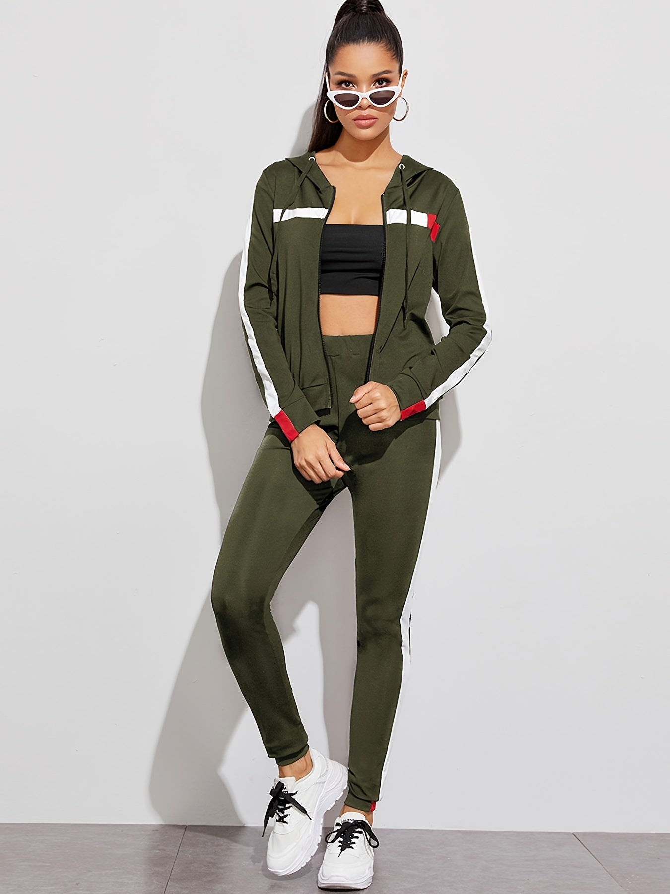 2pc Set Zip Up Hoodies & High Waist Side Striped Sweatpants