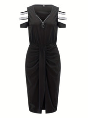 Solid Cut Out Dress Zipper Ruched Bodycon Summer Dress Women's Clothing