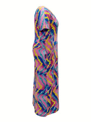  Colorful Stripe Print Maxi Dress with Pockets