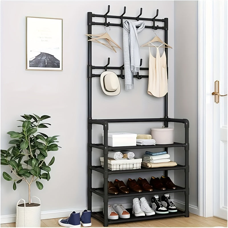 Metal Entryway Shoe Rack with 4 Tier Shelves & Coat Hooks