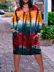  Colorblock Tie Dye V Neck Midi Dress