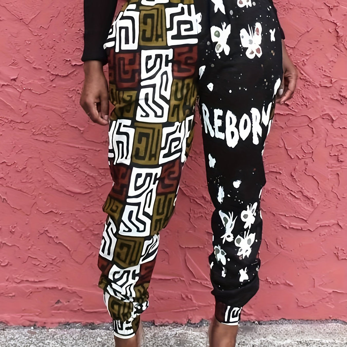  Colorblock Geometric Butterfly Print Jogger Trousers