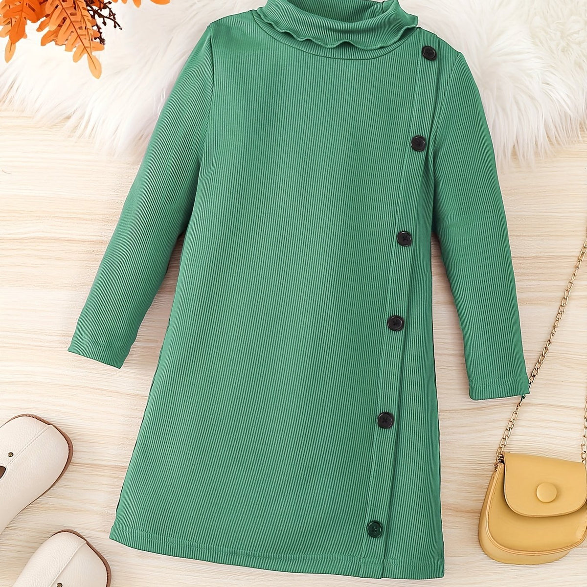 Girls' Turtleneck Side Button Decor Long Sleeve Sweater Dress