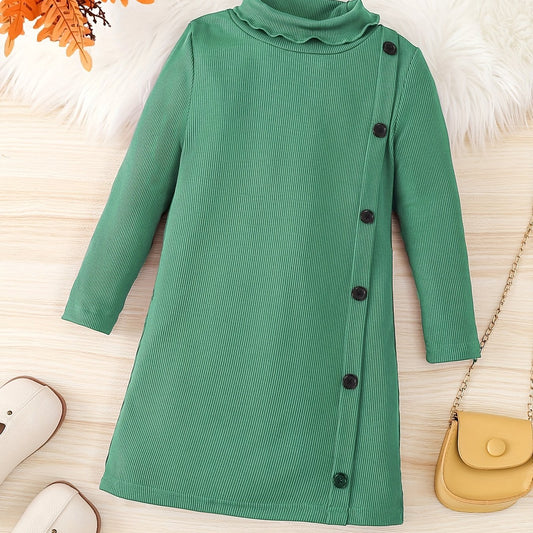 Girls' Turtleneck Side Button Decor Long Sleeve Sweater Dress