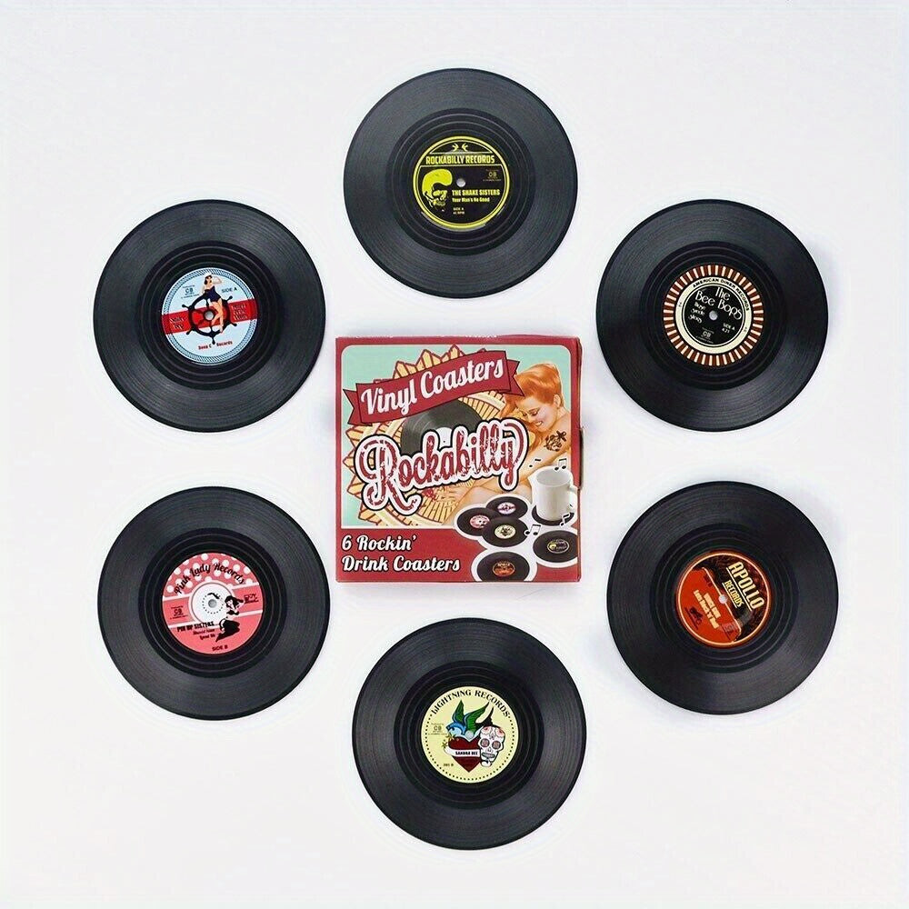 6pcs Vinyl Record Coasters Absorbent Retro Style Home Decor