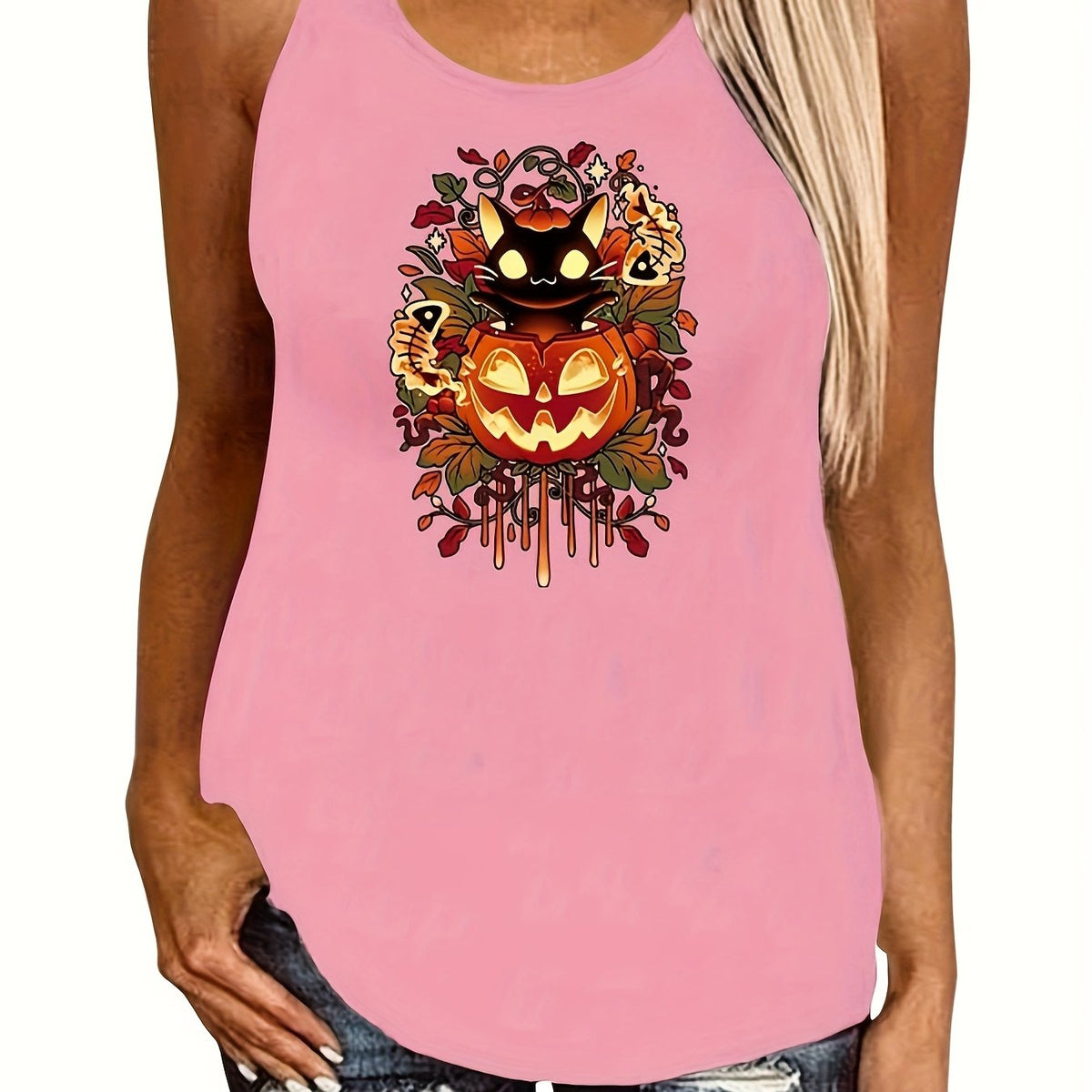 Halloween Jack O' Lantern Tank Top Sleeveless Crew Neck Women's Clothing