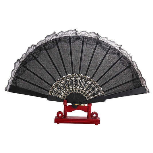 Retro Lace Trim Ladies Folding Fan Dance Performance Props Cheongsam Decoration