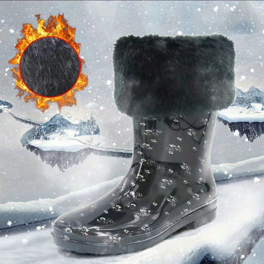 Women's Plush Lined Mid Calf Boots Waterproof Thermal Fluffy Fur Slip On Shoes