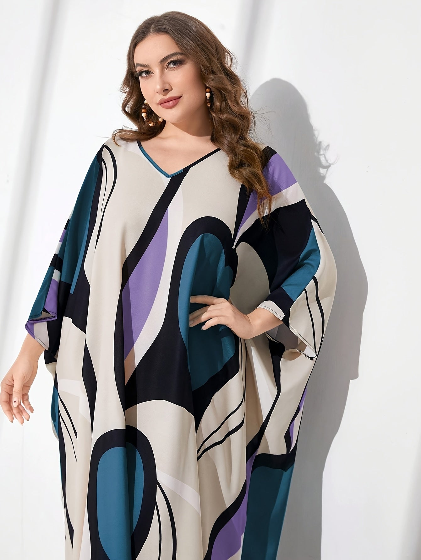  Women's Random Print Batwing Maxi Dress