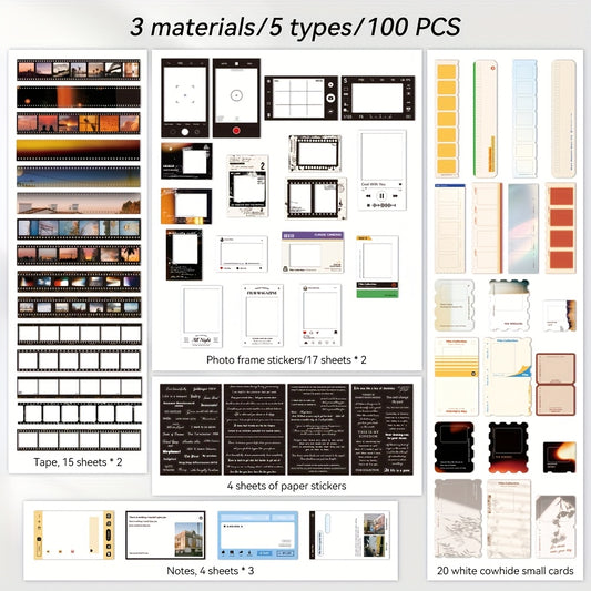 100pcs Movie Theme Scrapbook Kit Retro Film Strip Frames Washi Tapes Memo Pads