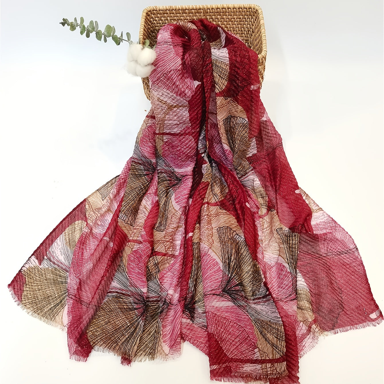 Vintage Scarf Ginkgo Print Voile Shawl Frayed Edge Head Wrap Beach Towel