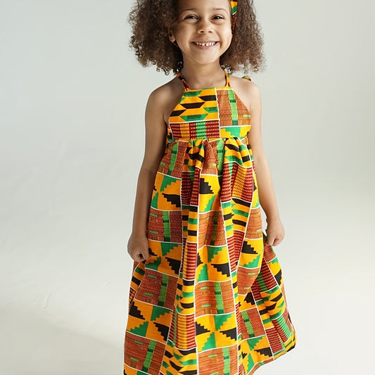 2pc Toddler Girls Boho Abstract Graphic Backless Cami Dress & Headband Set