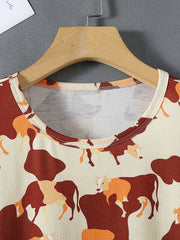 Men's Cattle Print Crew Neck T-Shirt - Summer Short Sleeve Tee