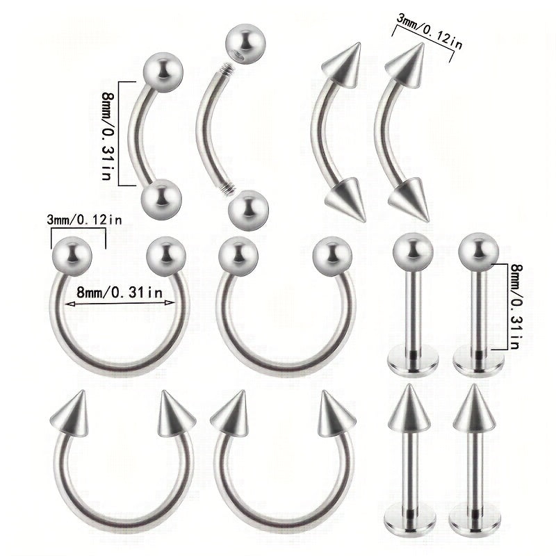 12PC Stainless Steel Body Piercing Jewelry Set 16G Nose Lip Tongue Cartilage