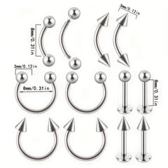 12PC Stainless Steel Body Piercing Jewelry Set 16G Nose Lip Tongue Cartilage