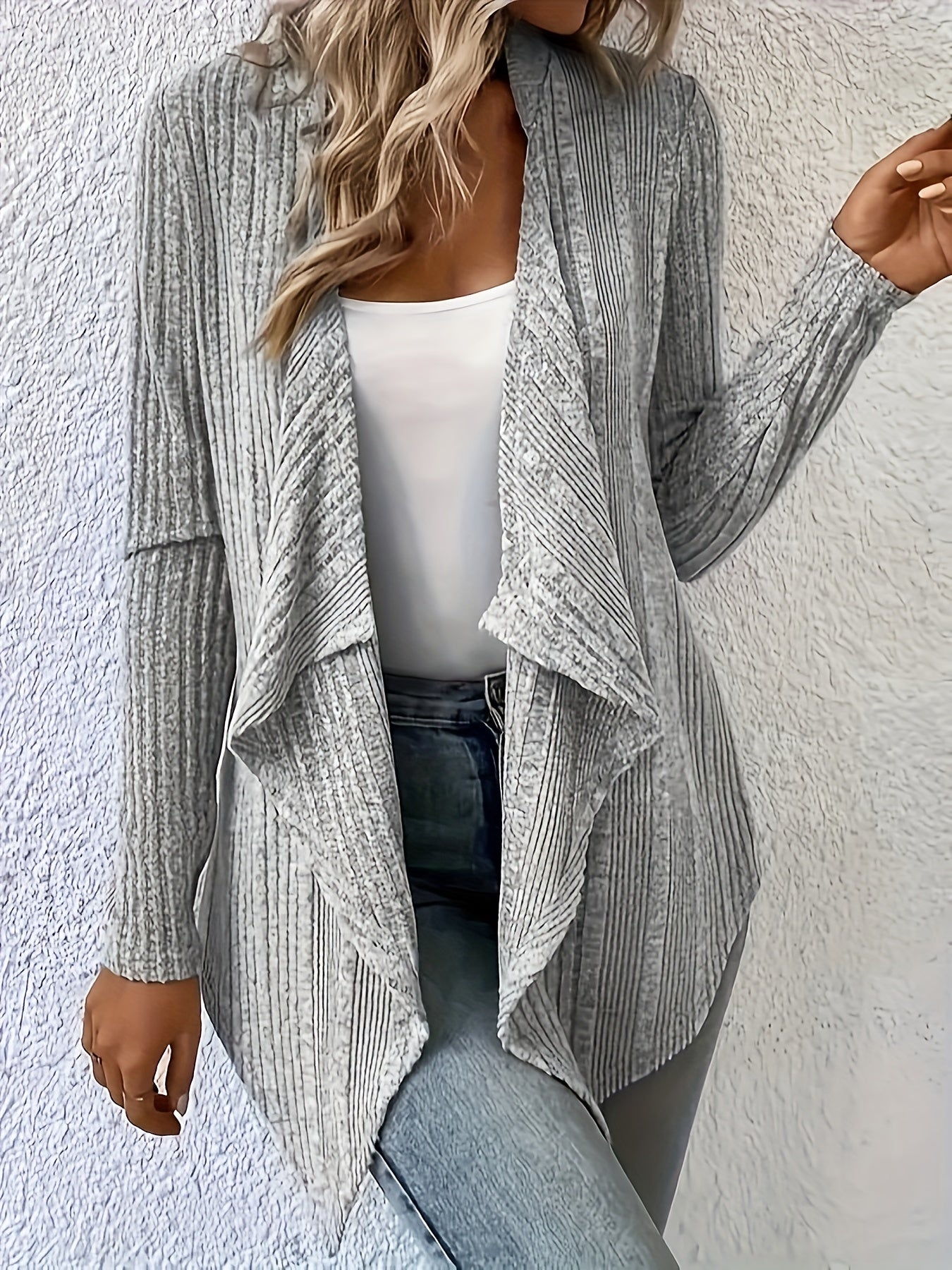  Solid Ribbed Long Sleeve Open Front Cardigan