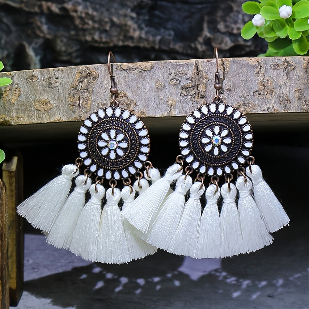 Bohemian Style Fan Shaped Tassel Earrings with Rhinestones
