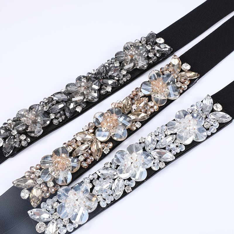 Women's Rhinestone Flower Elastic Belt
