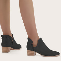 Women's Ruffle Cutout Ankle Boots, Chunky Stacked Heel Slip On