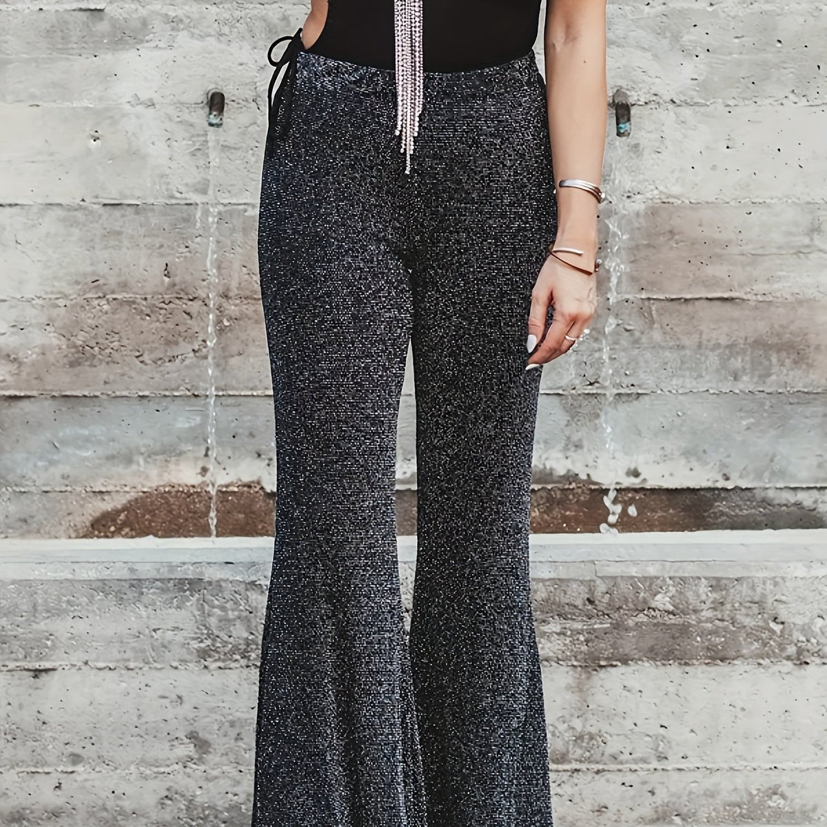  Solid High Rise Flared Leg Trousers