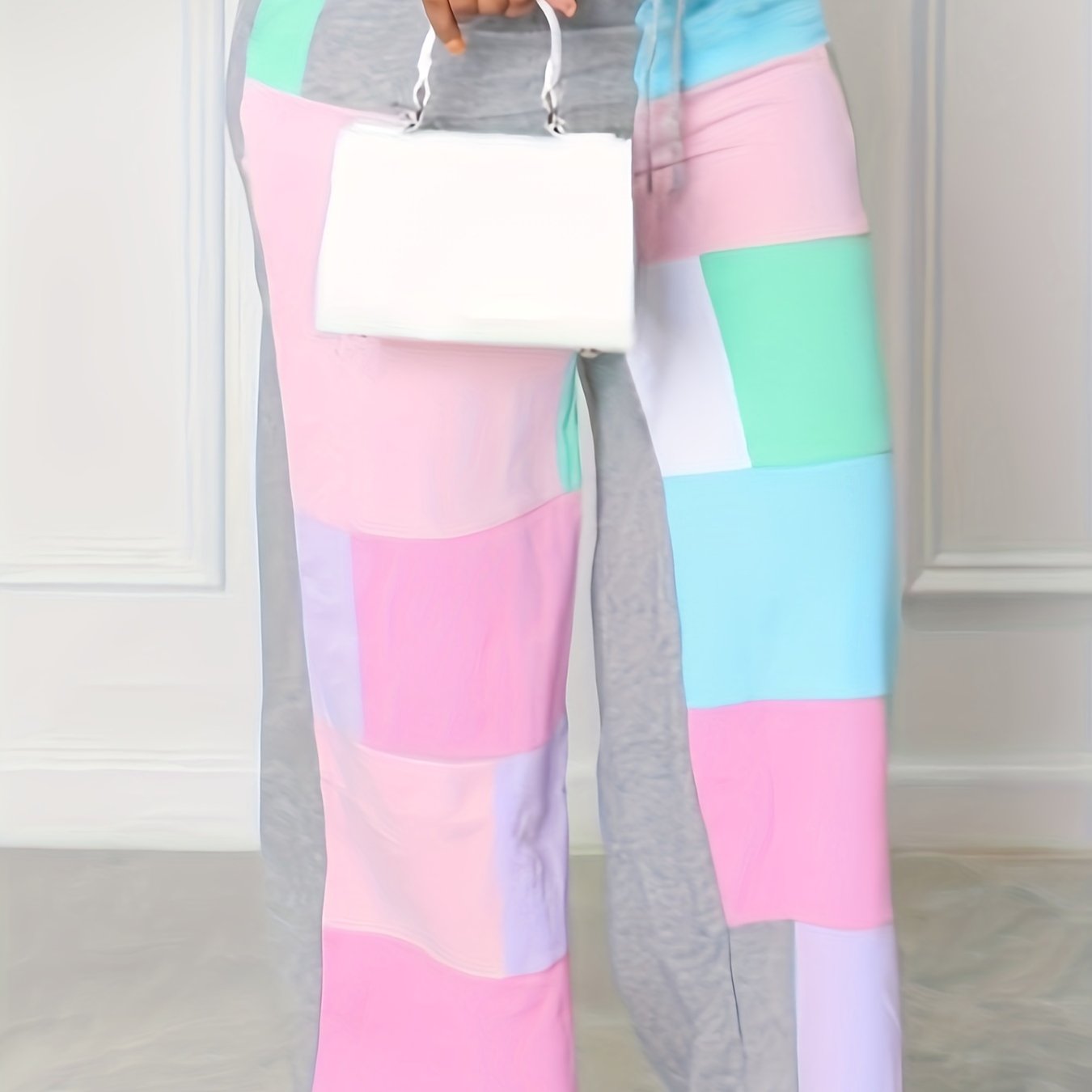  Colorblock Drawstring High Rise Wide Leg Pants