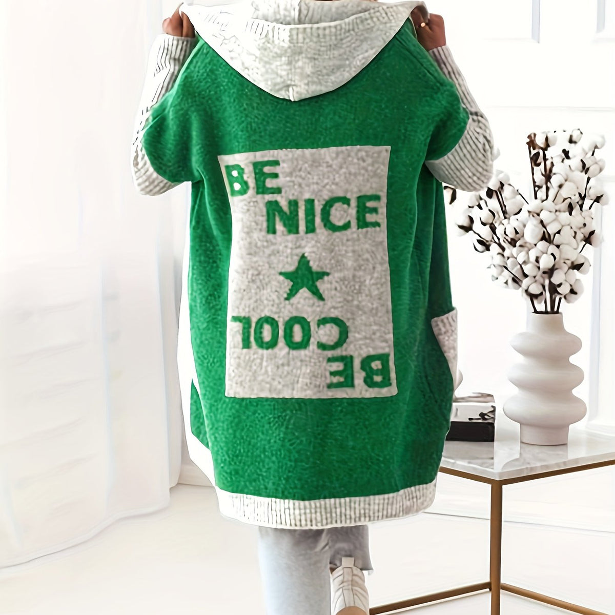  Colorblock Letter & Star Print Hooded Cardigan