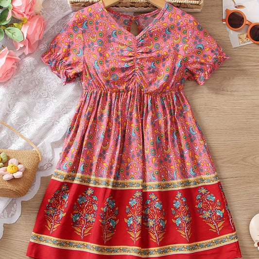 Girls Ruched V neck Short Sleeve Vintage Dress For Party Vacation Outfit