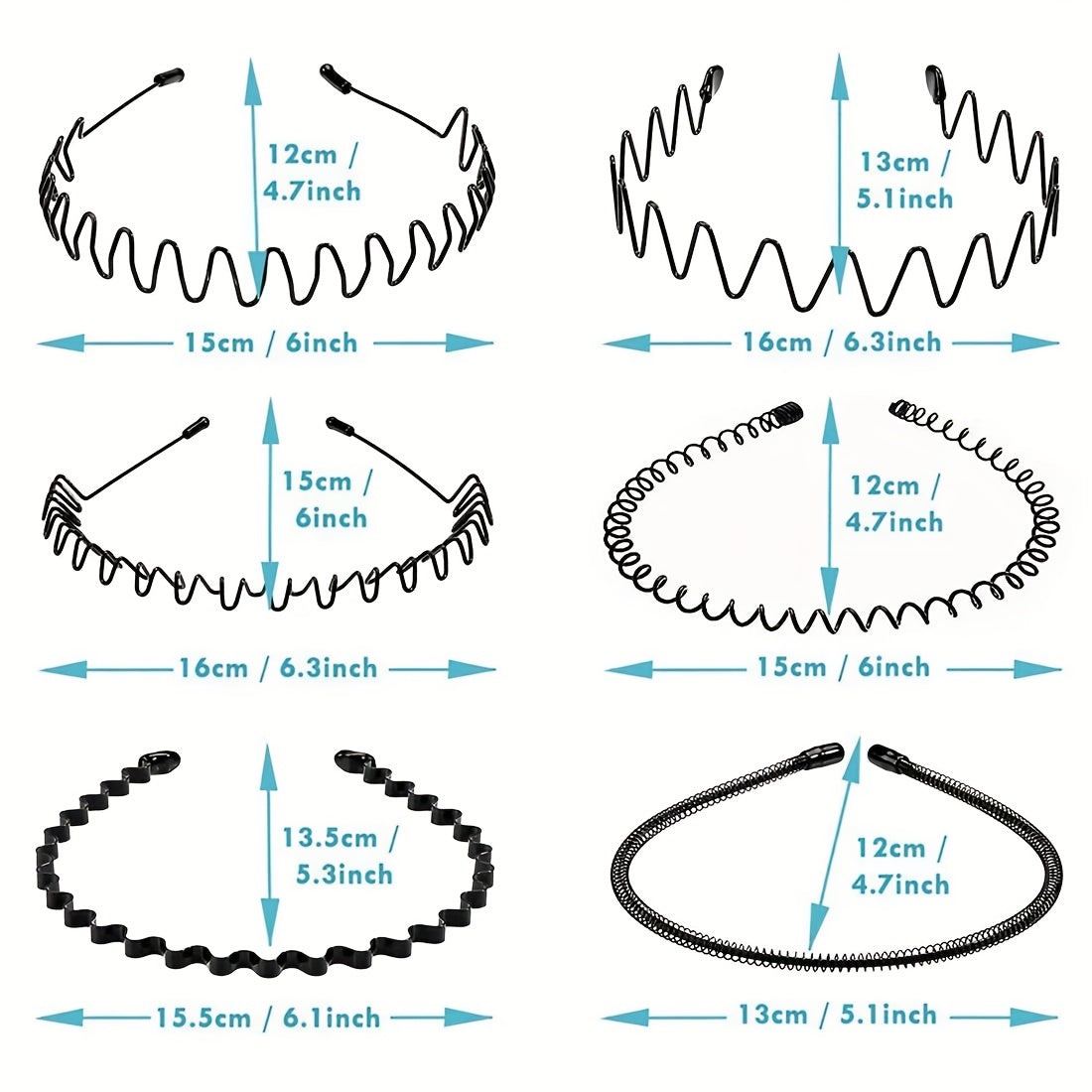 6 Metal Headbands Wave Hairband Elastic Non Slip Hair Hoop Unisex