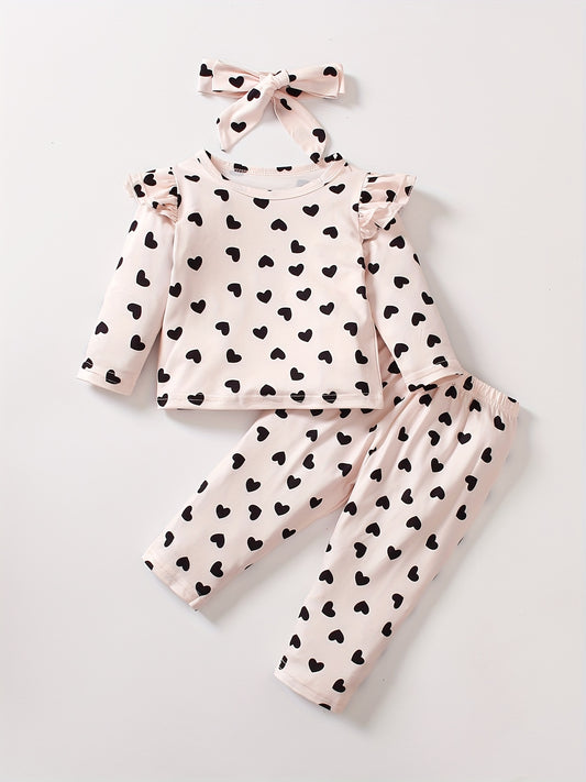 Toddler Girls Heart Print Outfit Ruffle Sleeve T shirt & Trousers & Headband