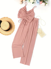 Texture Drawstring Pajama Set Lace Up Sleeveless Cami & Loose Pants
