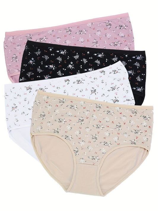 4 Pack Women's Plus Size Soft Ditsy Floral Print Everyday Panties Set