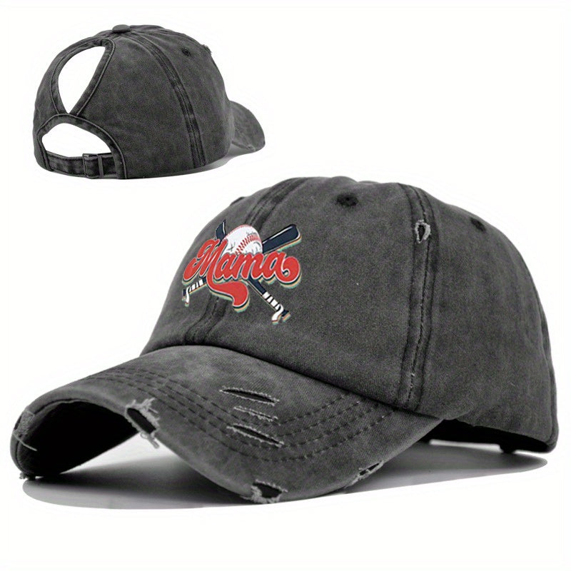 MAMA Ponytail Ripped Baseball Cap Washed Distressed Dad Hat