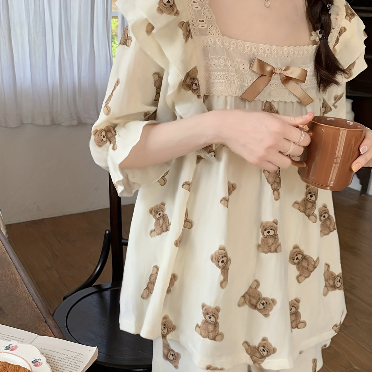 Teddy Bear Print Pajama Set Lace Trim Half Sleeve Top & Shorts