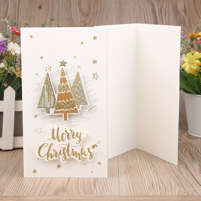 8pcs Merry Christmas Greeting Cards Envelopes Golden Stamping Applique DIY Xmas