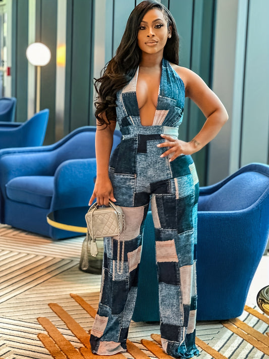  Colorblock Denim Wide Leg Jumpsuit