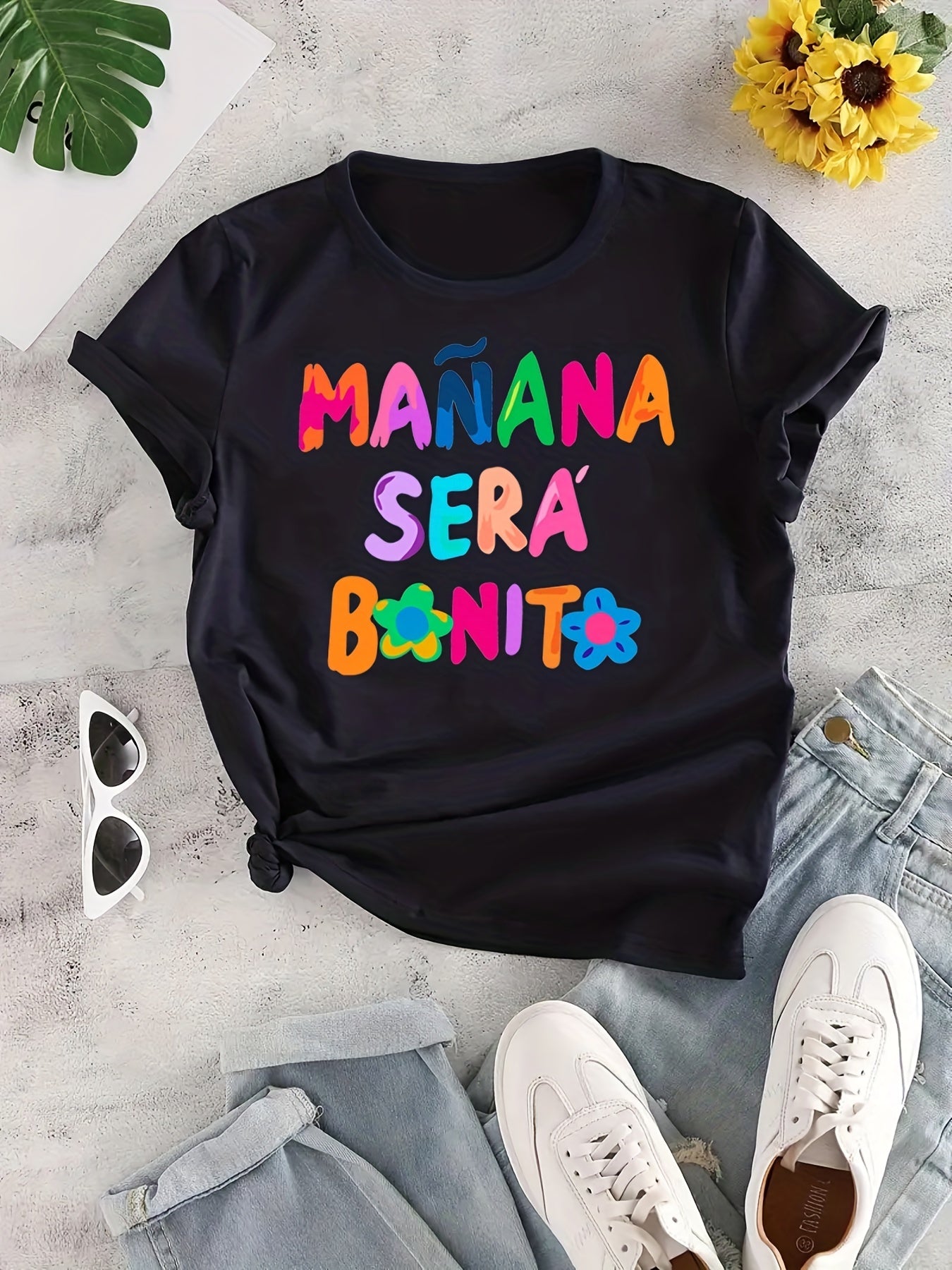 Women's Casual Sporty Graphic Tee Colorful Letters Loose Fit
