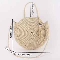 Round Straw Beach Bag Woven Boho Style Tote Bag