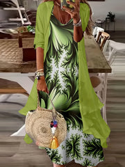 Solid Maxi Cardigan & Floral Print Dress Set