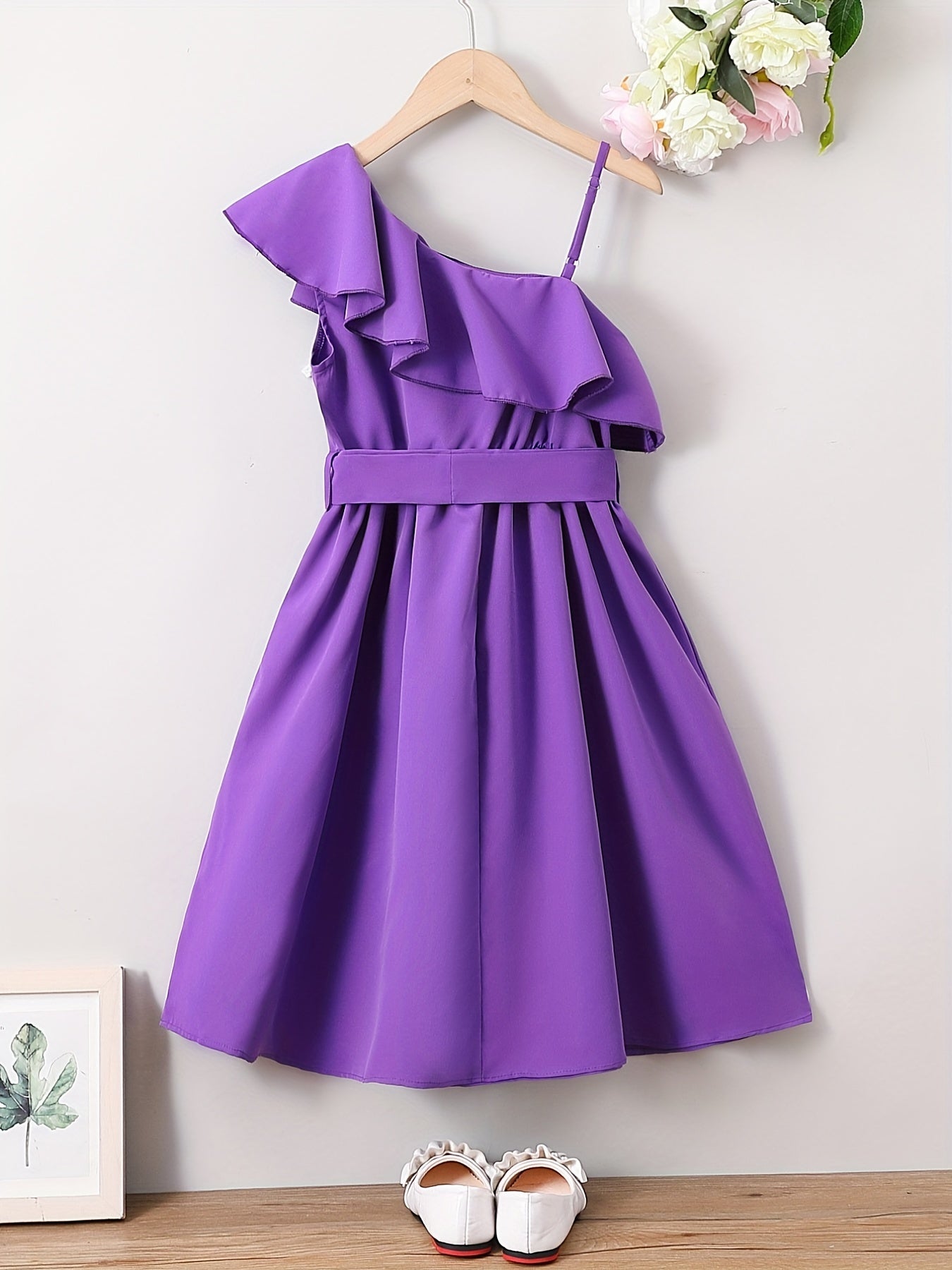 Girls' Ruffle One Shoulder Casual Tunic Dress For Party Vacation Comfy Dresses