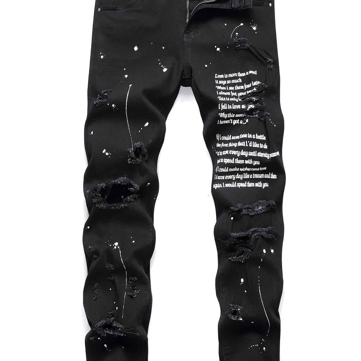 Patterned Ripped Straight Slim Fit Denim Jeans