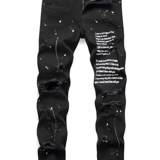 Patterned Ripped Straight Slim Fit Denim Jeans