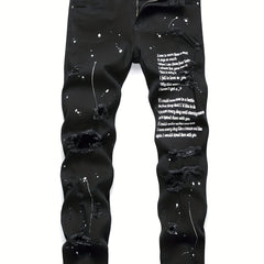 Patterned Ripped Straight Slim Fit Denim Jeans