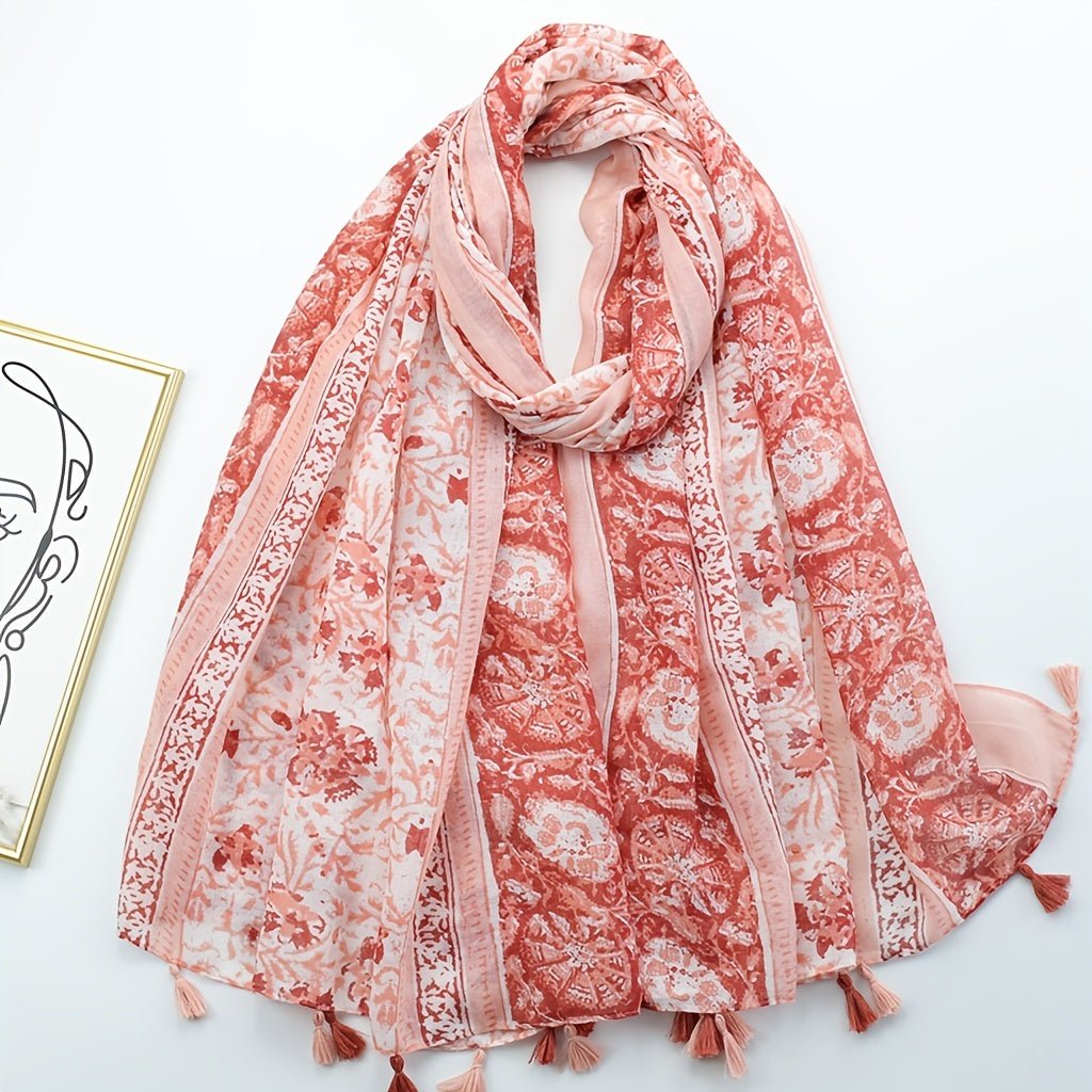 Boho Floral Print Scarf Tassel Shawl Women Voile Sunscreen Head Wrap