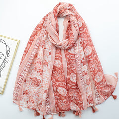 Boho Floral Print Scarf Tassel Shawl Women Voile Sunscreen Head Wrap